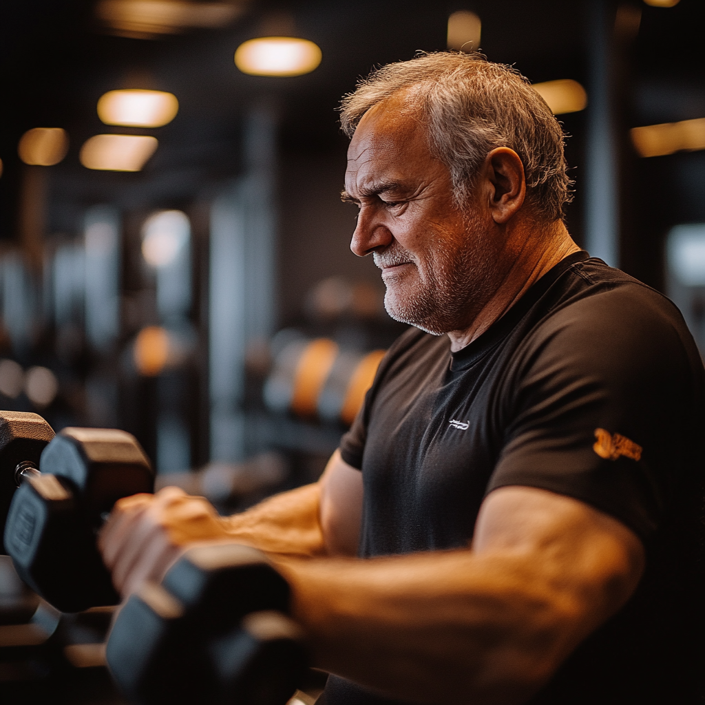 Спортивна людина виконує тренування з гантелями у сучасному залі